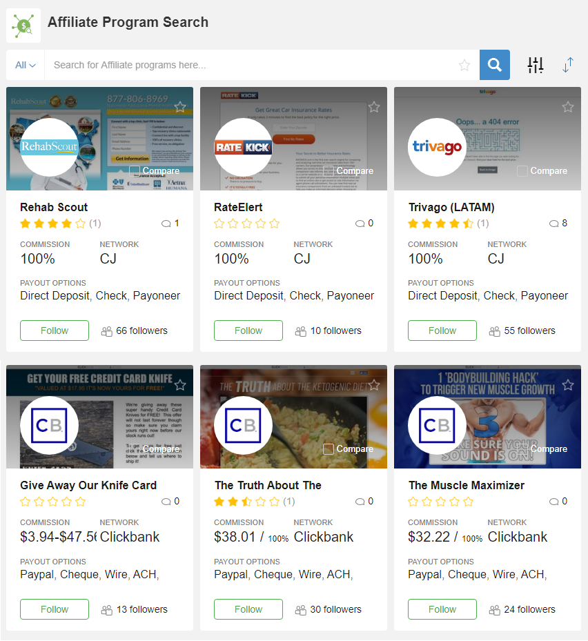 Top results by highest paying commission at 100% payout