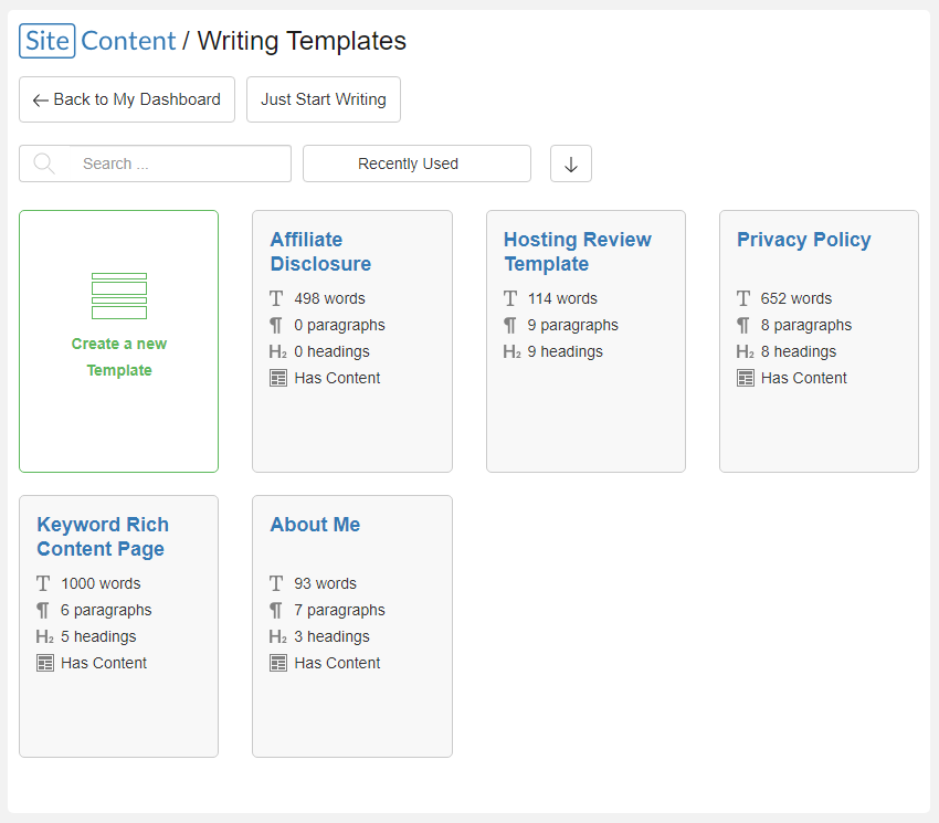 SiteContent supplies premade writing templates to help you get started writing fast so you don't get stuck with a blank page and no ideas.